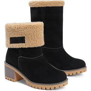 Women's Black Winter Boots Fur Lined Chunky Heel Slip On Snow Boots Warm Shoes